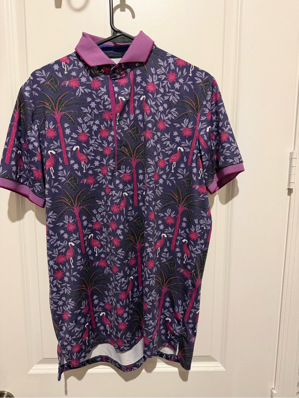 Greyson Purple Polo with Pink Tropical Flamingo Print